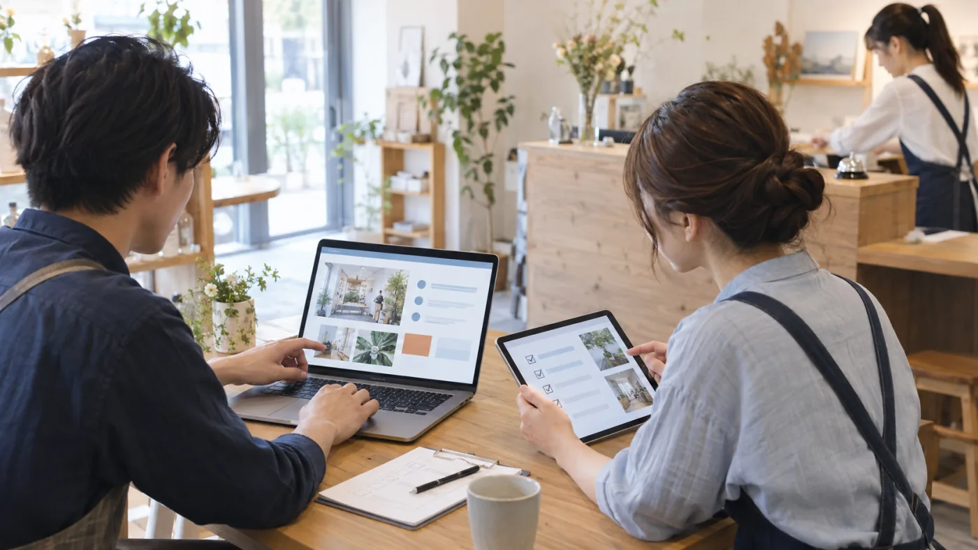 店舗の現場でWeb情報を確認し、日々の運用を進めるイメージ